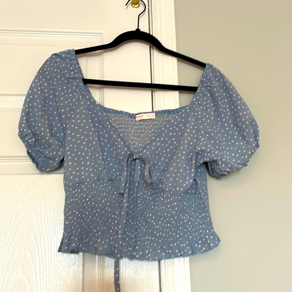 Puff-Sleeve Front-Tie Polka-Dot Top
